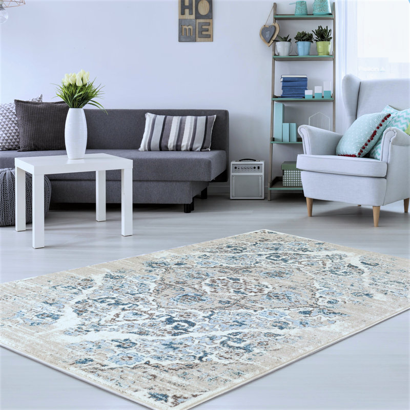 Bungalow Rose Mogos Performance Cream/Teal/Beige Rug & Reviews Wayfair